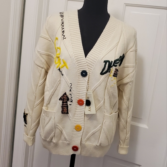 NWT Ebossy Ivory White Cable Knit Cardigan Size Small, Preppy, Patchwork - Picture 1 of 14